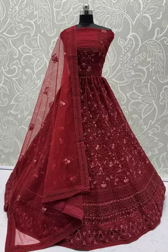 Red Net Heavy Fancy Embroidered Designer Lehenga Choli