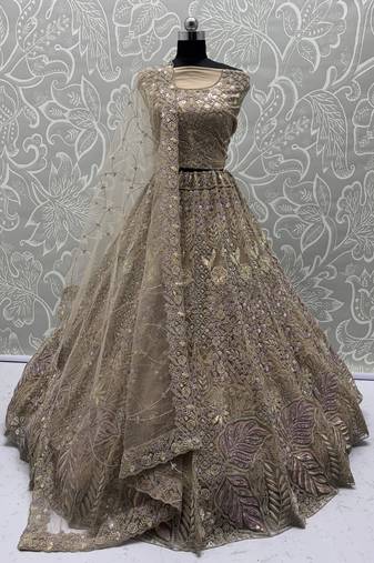 Beige Net Heavy Fancy Embroidered Designer Lehenga Choli