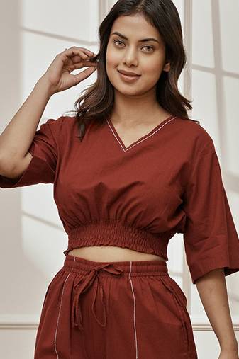 Women's maroon cotton crop yoga top with geometric embroidery & dolman sleeves