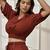 Women's maroon cotton crop yoga top with geometric embroidery & dolman sleeves