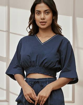 Wonavy blue cotton crop yoga top with geometric embroidery & dolman sleeves 1
