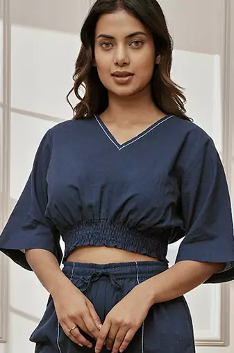 Women's navy blue cotton crop yoga top with geometric embroidery & dolman sleeves