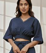 Wonavy blue cotton crop yoga top with geometric embroidery & dolman sleeves