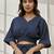 Women's navy blue cotton crop yoga top with geometric embroidery & dolman sleeves