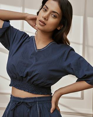 Wonavy blue cotton crop yoga top with geometric embroidery & dolman sleeves 2
