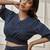 Women's navy blue cotton crop yoga top with geometric embroidery & dolman sleeves