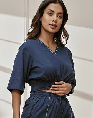 Wonavy blue cotton crop yoga top with geometric embroidery & dolman sleeves 3