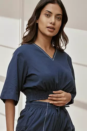 Wonavy blue cotton crop yoga top with geometric embroidery & dolman sleeves