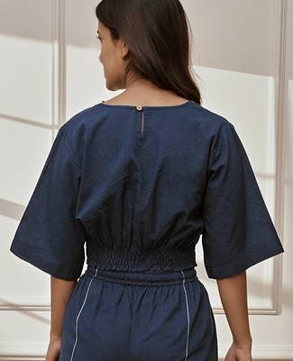 Wonavy blue cotton crop yoga top with geometric embroidery & dolman sleeves 4