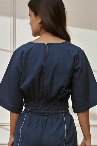 Wonavy blue cotton crop yoga top with geometric embroidery & dolman sleeves