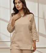 Wobeige linen cotton yoga top with ethnic embroidery & side tie-up detail