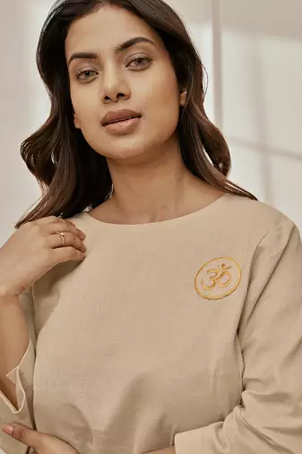 Wobeige linen cotton yoga top with ethnic embroidery & side tie-up detail