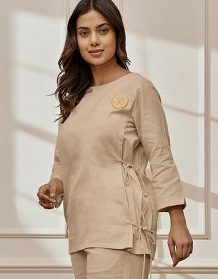 Wobeige linen cotton yoga top with ethnic embroidery & side tie-up detail 3