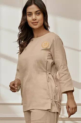 Wobeige linen cotton yoga top with ethnic embroidery & side tie-up detail