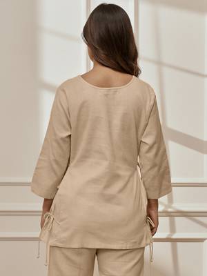 Wobeige linen cotton yoga top with ethnic embroidery & side tie-up detail 4