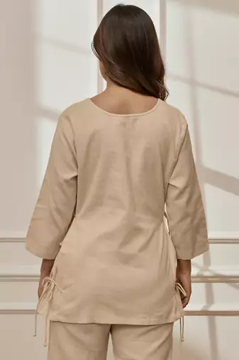Wobeige linen cotton yoga top with ethnic embroidery & side tie-up detail