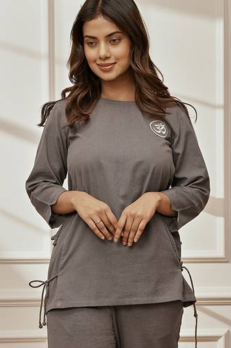 Women's grey linen cotton yoga top with ethnic embroidery & side tie-up detail