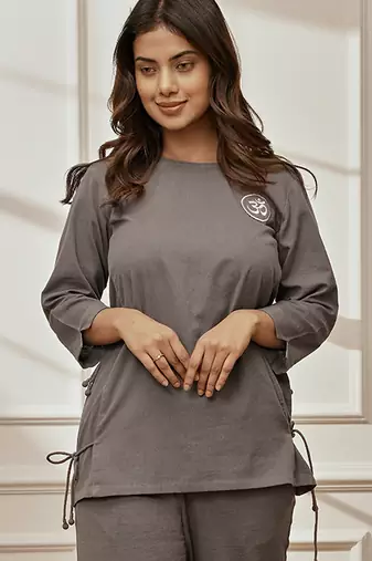 Women's grey linen cotton yoga top with ethnic embroidery & side tie-up detail