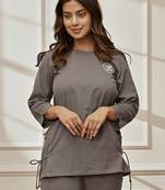 Wogrey linen cotton yoga top with ethnic embroidery & side tie-up detail