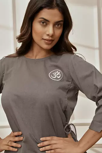 Wogrey linen cotton yoga top with ethnic embroidery & side tie-up detail