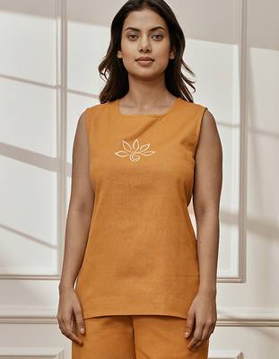 Wodusty saffron linen cotton sleeveless yoga top with ethnic embroidery & belt detail 1