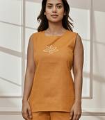 Wodusty saffron linen cotton sleeveless yoga top with ethnic embroidery & belt detail