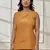 Wodusty saffron linen cotton sleeveless yoga top with ethnic embroidery & belt detail