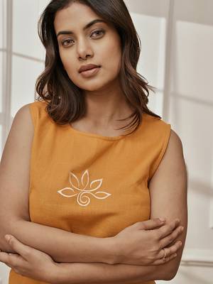 Wodusty saffron linen cotton sleeveless yoga top with ethnic embroidery & belt detail 2