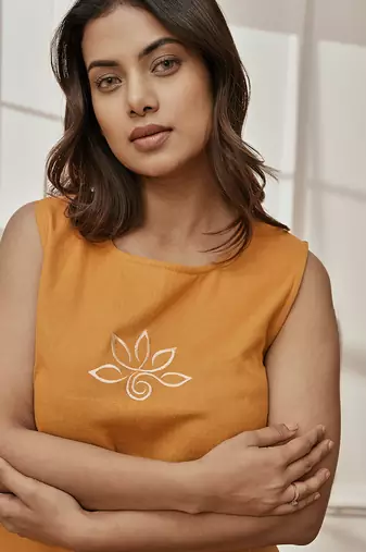 Wodusty saffron linen cotton sleeveless yoga top with ethnic embroidery & belt detail