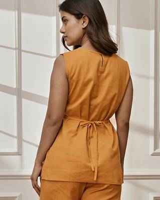 Wodusty saffron linen cotton sleeveless yoga top with ethnic embroidery & belt detail 4