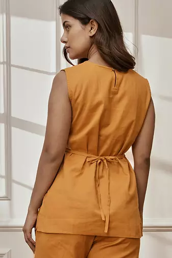 Wodusty saffron linen cotton sleeveless yoga top with ethnic embroidery & belt detail
