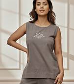 Wogrey linen cotton sleeveless yoga top with ethnic embroidery & belt detail