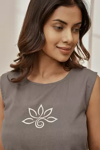 Wogrey linen cotton sleeveless yoga top with ethnic embroidery & belt detail
