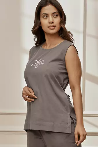 Wogrey linen cotton sleeveless yoga top with ethnic embroidery & belt detail