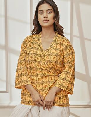 Woyellow printed cotton wrap around yoga top with ethnic motifs & shawl collar 1