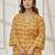 Women's yellow printed cotton wrap around yoga top with ethnic motifs & shawl collar