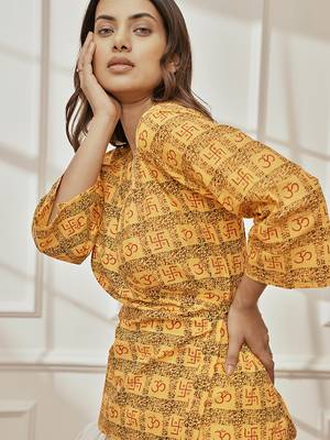 Woyellow printed cotton wrap around yoga top with ethnic motifs & shawl collar 2