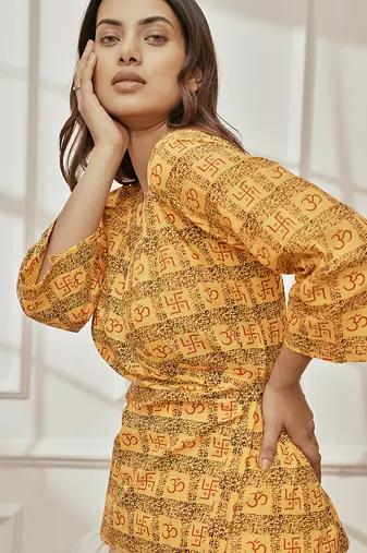 Woyellow printed cotton wrap around yoga top with ethnic motifs & shawl collar
