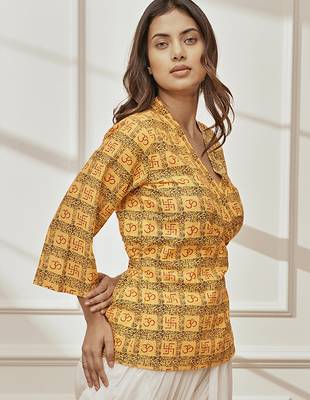 Woyellow printed cotton wrap around yoga top with ethnic motifs & shawl collar 3