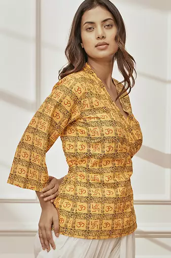 Woyellow printed cotton wrap around yoga top with ethnic motifs & shawl collar