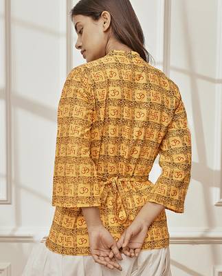Woyellow printed cotton wrap around yoga top with ethnic motifs & shawl collar 4