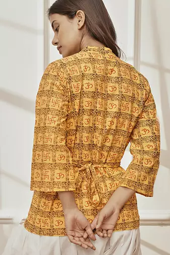 Woyellow printed cotton wrap around yoga top with ethnic motifs & shawl collar