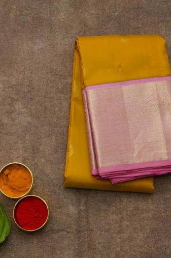 Mustard and pink korvai silk saree with silk mark certified