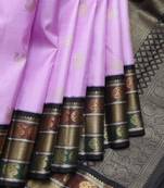 Lavender and black pure zari silk saree with silk mark certified