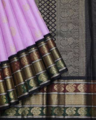 Lavender and black pure zari silk saree with silk mark certified 2
