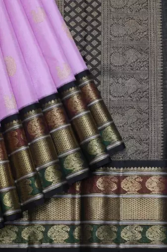 Lavender and black pure zari silk saree with silk mark certified
