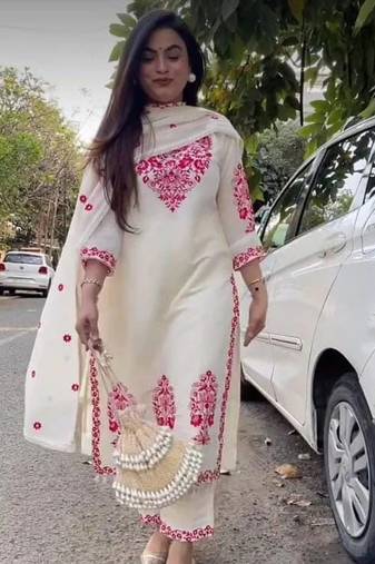 White Embroidered Cotton Kurta and Pant Set with Dupatta