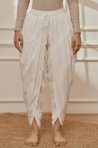 Women's white cambric cotton dhoti yoga pants with drawstring waist