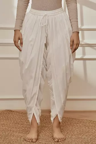 Women's white cambric cotton dhoti yoga pants with drawstring waist
