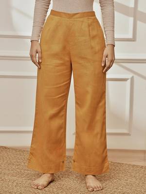 Wodusty saffron cotton linen straight yoga pants with adjustable buttons 1